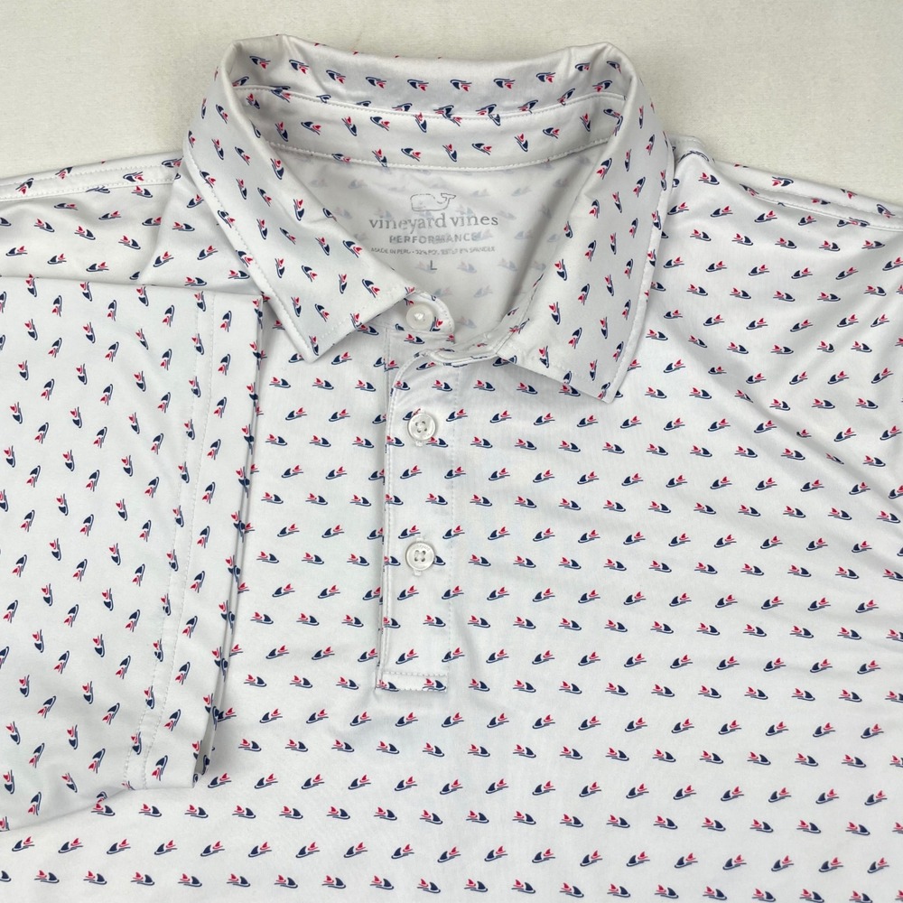 Vineyard Vines Performance Polo Shirt Mens Large White Sailboat Print Golf S/S